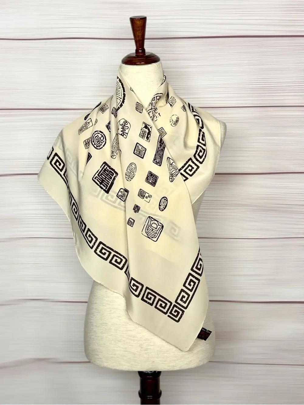 Vintage Chinese Seal Script Silk Scarf Cream Hand Rolled Shanghai China 31x31